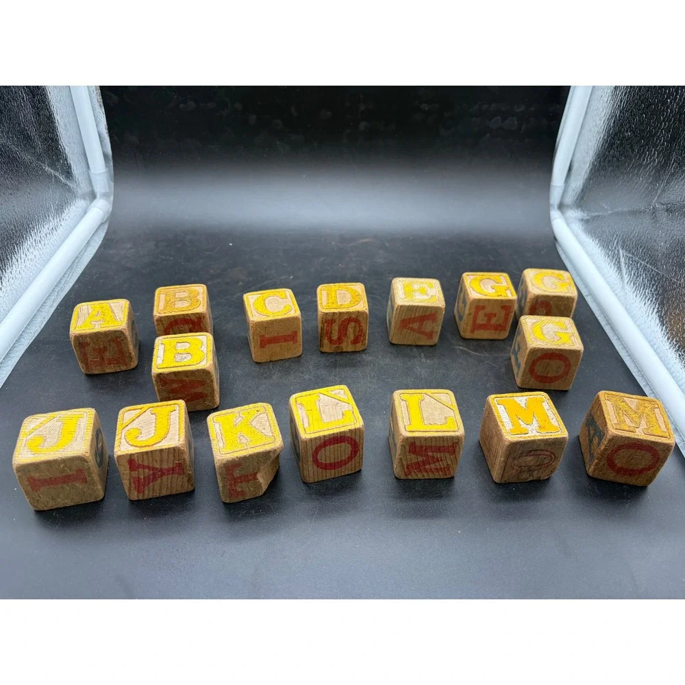 Vintage Wooden Alphabet Blocks Set‎ ABC 123 Letters Numbers Rustic Toy Decor